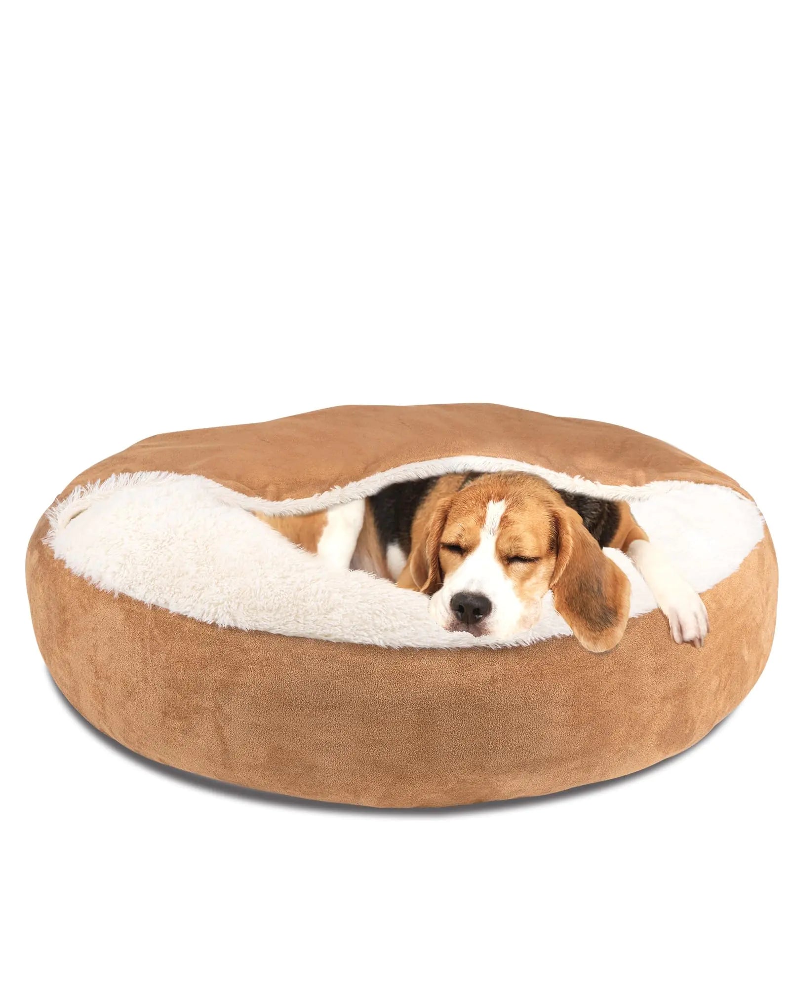 Cozy Cave Dog & Cat Bed - Round Plush Washable Pet Sleeper (Khaki 30")